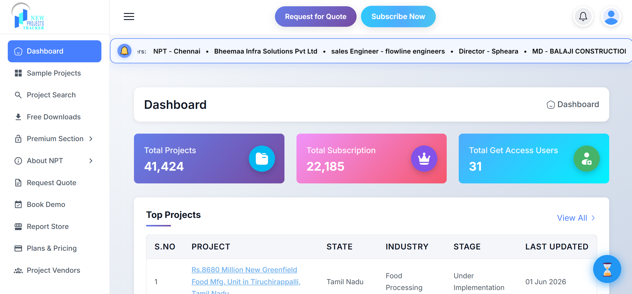 modern dashboard interface showing India map with project markers, project list table with industrial data, clean blue and teal color scheme