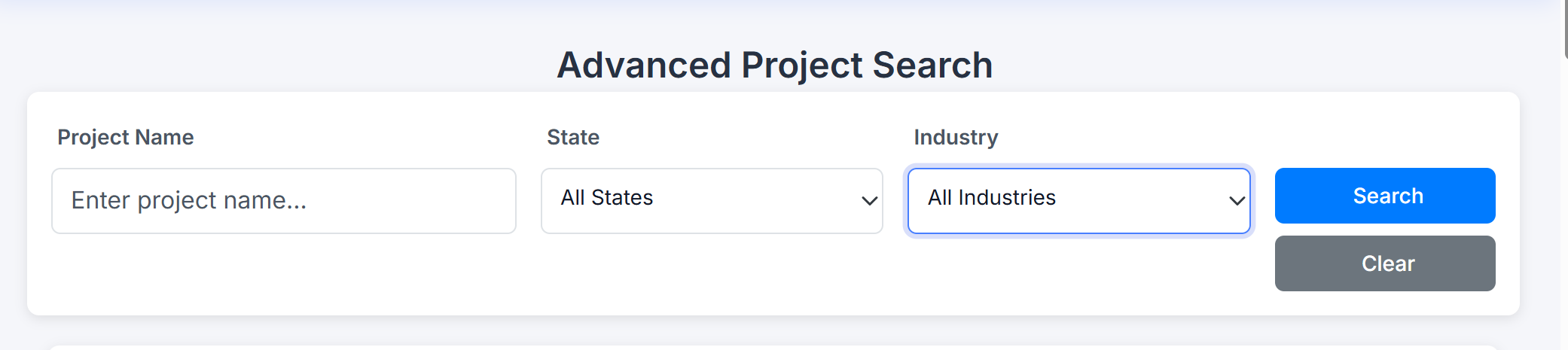 advanced search interface with filter panels, dropdown menus, search bars, modern UI design with blue accents